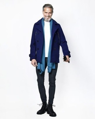 Blue Scarf Cold Weather Outfits For Men: This urban combo of a navy pea coat and a blue scarf is extremely easy to throw together in seconds time, helping you look dapper and ready for anything without spending a ton of time combing through your wardrobe. For something more on the elegant end to finish this look, complete this getup with black leather casual boots.