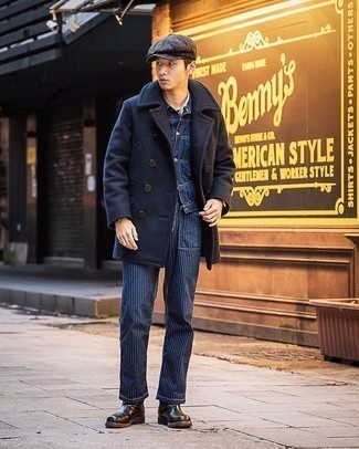 1200+ Cold Weather Outfits For Men: For a casually polished ensemble, wear a navy pea coat and navy vertical striped chinos — these two items work pretty good together. To bring out an elegant side of you, complement this ensemble with a pair of black leather chelsea boots.