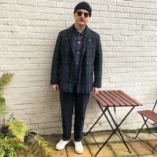 Checked Double Breasted Wool Blend Peacoat