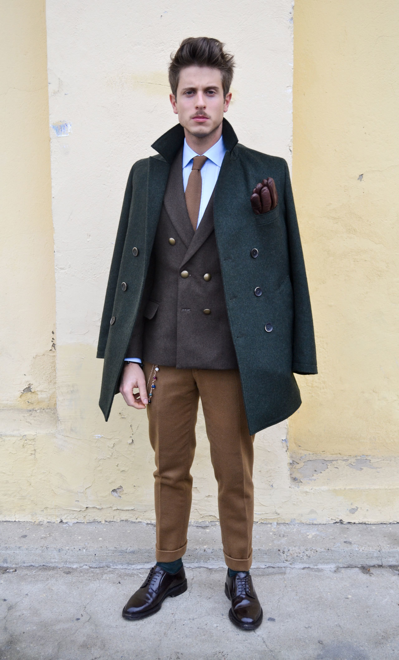 pant shoes and coat Dark Men's Pea Green Dark Breasted Brown Double Coat,