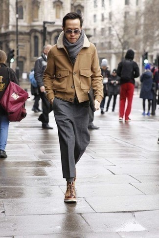 Tan Leather Casual Boots Outfits For Men: Go all out in a tan pea coat and charcoal wool dress pants. Got bored with this getup? Let a pair of tan leather casual boots jazz things up.