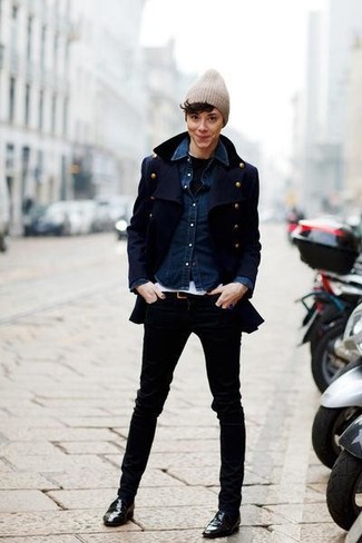 For something more on the relaxed end, try this combo of a navy pea coat and black jeans. You could perhaps get a little creative in the shoe department and complement your look with a pair of black leather loafers.