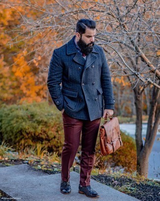 Briefcase Outfits: A navy pea coat and a briefcase are a perfect combo to rock on dress-down days. Go ahead and complete this ensemble with navy leather brogues for a dose of sophistication.