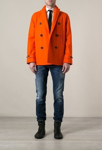 Men's Orange Pea Coat, White Dress Shirt, Navy Ripped Jeans, Black Leather Casual Boots