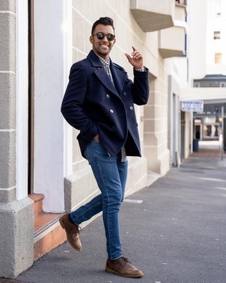 Brown Leather Brogues Outfits: You'll be surprised at how super easy it is for any gent to get dressed this way. Just a navy pea coat and blue jeans. Go off the beaten track and jazz up your look by slipping into brown leather brogues.