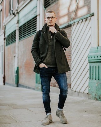 Navy Skinny Jeans Cold Weather Outfits For Men: Irrefutable proof that a dark green pea coat and navy skinny jeans are amazing when worn together in a laid-back getup. Consider a pair of grey suede desert boots as the glue that ties your ensemble together.