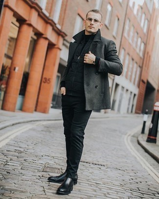 Black Jeans With Charcoal Pea Coat, Charcoal Peacoat Outfit Mens