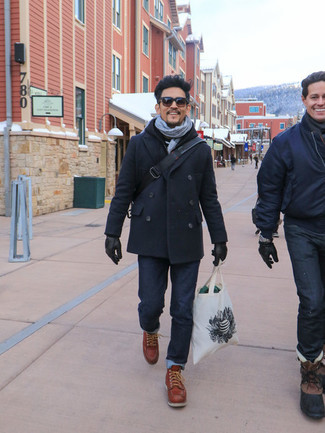 John Cho wearing Navy Pea Coat, Black Hoodie, Navy Jeans, Tobacco Leather Casual Boots