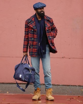 Men's Red and Navy Plaid Pea Coat, Light Blue Jeans, Tan Suede Work Boots, Navy Canvas Holdall