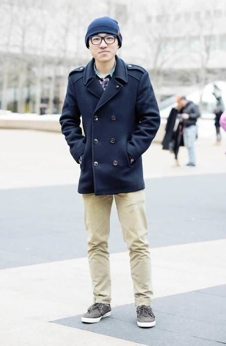 Grey Canvas Boat Shoes Outfits: Exhibit your elegant side in a navy pea coat and beige chinos. Balance out this look with a more relaxed kind of footwear, such as these grey canvas boat shoes.