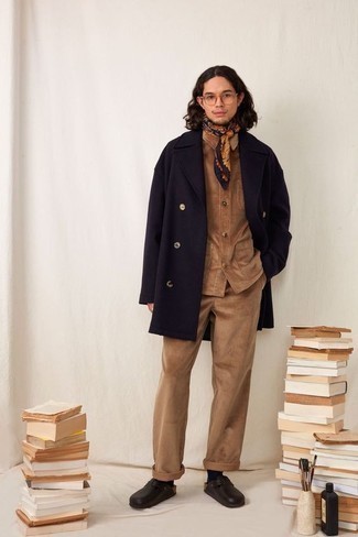 Pea Coat Outfits: For an effortlessly classic look, go for a pea coat and brown corduroy chinos — these two pieces go really well together. Let your styling prowess truly shine by complementing this outfit with a pair of black leather loafers.