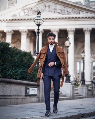 Black Leather Loafers Outfits For Men: To look like a real dandy at all times, wear a brown pea coat with a navy suit. Want to play it down when it comes to shoes? Round off with a pair of black leather loafers for the day.