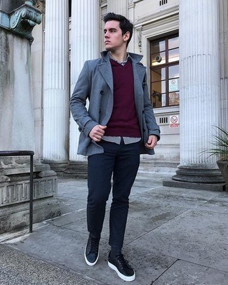 White Vertical Striped Long Sleeve Shirt Outfits For Men: Wear a white vertical striped long sleeve shirt with navy chinos for an everyday look that's full of charm and personality. Introduce a pair of black leather low top sneakers to this outfit and ta-da: the getup is complete.