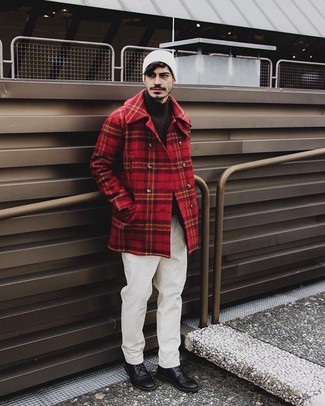 Men's Red Plaid Pea Coat, Dark Brown Turtleneck, White Chinos, Black Leather Derby Shoes