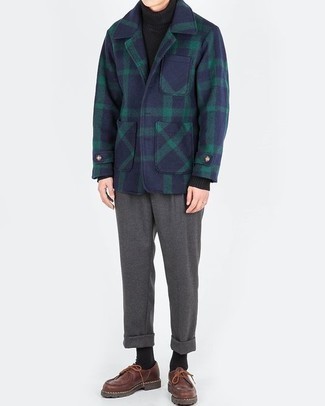Brit Navy Wool Double Breasted Checked Paragon Pea Coat