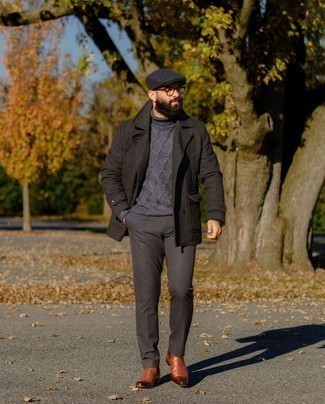Men's Dark Brown Pea Coat, Charcoal Knit Wool Turtleneck, Charcoal Check Chinos, Tobacco Leather Chelsea Boots