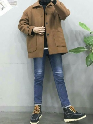 429 Casual Cold Weather Outfits For Men: A tan pea coat and blue ripped jeans married together are a savvy match. For something more on the elegant end to finish off this getup, complement this getup with black leather casual boots.