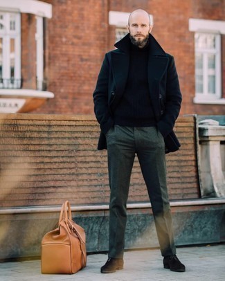 Brown Suede Desert Boots Cold Weather Outfits: Pair a navy pea coat with dark green wool dress pants and you'll look like a true fashion connoisseur. Infuse a more casual twist into your ensemble by sporting a pair of brown suede desert boots.
