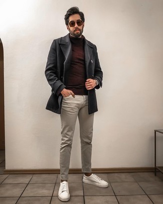White and Navy Leather Low Top Sneakers Outfits For Men: A charcoal pea coat and beige jeans are absolute must-haves if you're putting together a classic and casual closet that matches up to the highest fashion standards. White and navy leather low top sneakers can immediately dial down an all-too-dressy getup.
