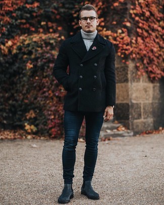 Black Pea Coat With Navy Skinny Jeans, Black Peacoat With Jeans