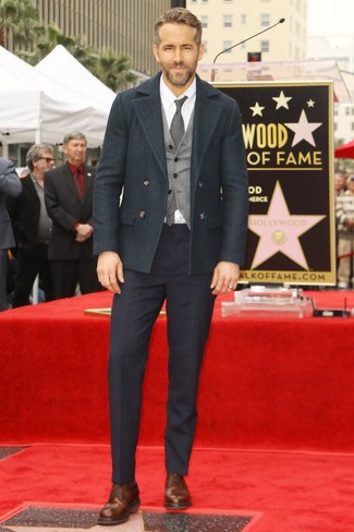 Ryan Reynolds wearing Dark Green Pea Coat, Grey Wool Waistcoat, White Dress Shirt, Navy Plaid Dress Pants