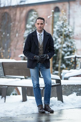 Blue Pea Coat With Jeans Smart Casual, Pea Coat In Jeans