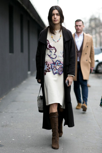 Women's Dark Brown Suede Knee High Boots, White Wool Pencil Skirt, White Embroidered Crew-neck Sweater, Black Coat