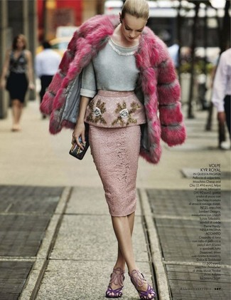 Women's Violet Suede Heeled Sandals, Pink Lace Pencil Skirt, Grey Embellished Crew-neck Sweater, Hot Pink Fur Coat