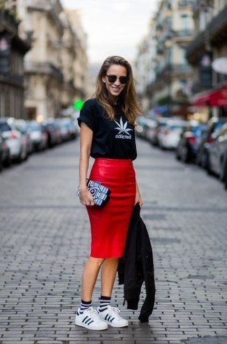 Red Leather Pencil Skirt Outfits: 