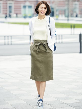 Women's Navy Canvas High Top Sneakers, Olive Pencil Skirt, White Crew-neck T-shirt, White Hoodie