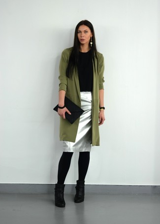 Women's Black Leather Ankle Boots, Silver Pencil Skirt, Black Crew-neck T-shirt, Olive Trenchcoat