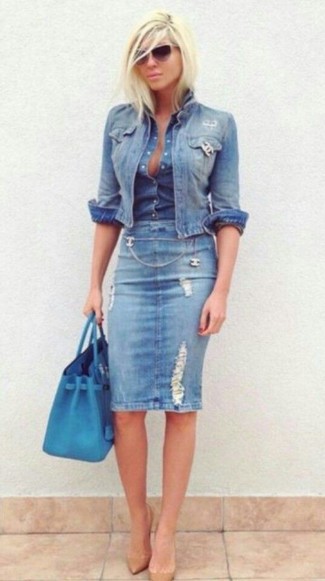 Light Blue Ripped Denim Pencil Skirt Outfits: 