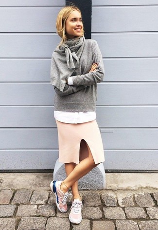 Women's Pink Athletic Shoes, Pink Pencil Skirt, White Dress Shirt, Grey Crew-neck Sweater