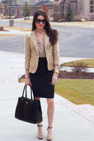 Women's Beige Leather Heeled Sandals, Black Pencil Skirt, Beige Long Sleeve Blouse, Gold Sequin Blazer
