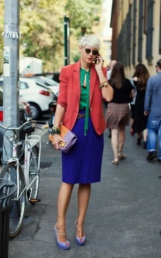 Women's Light Violet Suede Heeled Sandals, Blue Pencil Skirt, Green Long Sleeve Blouse, Red Blazer