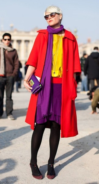 Women's Burgundy Suede Pumps, Purple Pencil Skirt, Yellow Short Sleeve Blouse, Red Coat