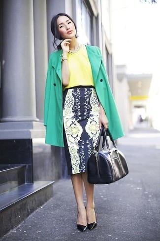 Women's Black Leather Pumps, Navy and White Floral Pencil Skirt, Yellow Silk Short Sleeve Blouse, Green Trenchcoat