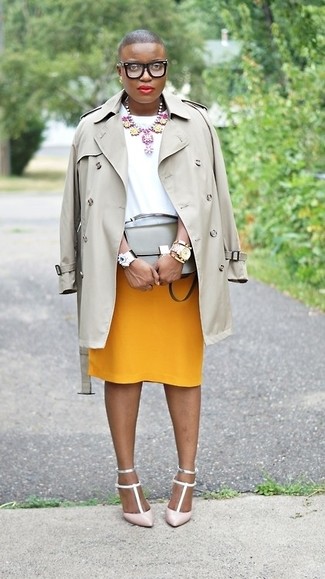 Women's Pink Leather Pumps, Mustard Pencil Skirt, White Short Sleeve Blouse, Grey Trenchcoat