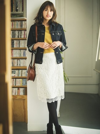 Women's Black Suede Ankle Boots, White Lace Pencil Skirt, Mustard Short Sleeve Sweater, Navy Denim Jacket