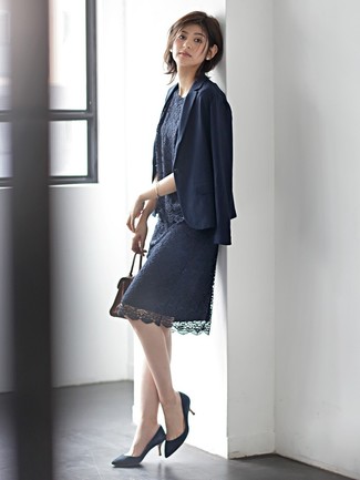 Women's Navy Suede Pumps, Navy Lace Pencil Skirt, Navy Lace Sleeveless Top, Navy Blazer