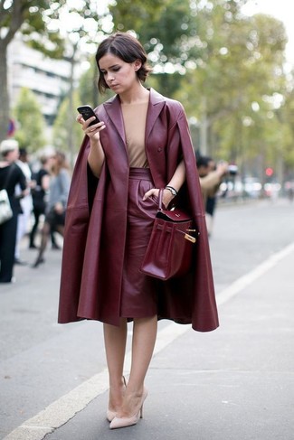 Women's Beige Leather Pumps, Burgundy Leather Pencil Skirt, Tan Sleeveless Top, Burgundy Leather Coat