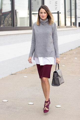 Women's Burgundy Suede Pumps, Burgundy Pencil Skirt, White Tunic, Grey Knit Turtleneck