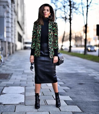 Women's Black Leather Ankle Boots, Black Leather Pencil Skirt, Black Turtleneck, Green Leopard Blazer