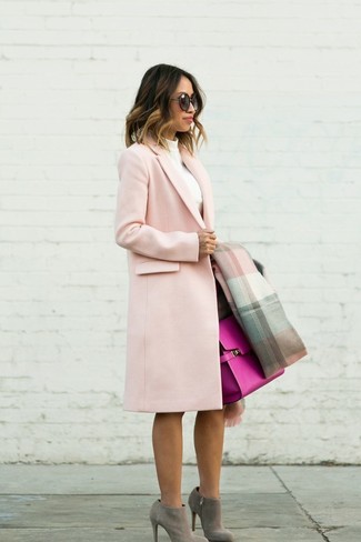 Women's Grey Suede Ankle Boots, Dark Brown Pencil Skirt, White Turtleneck, Pink Coat