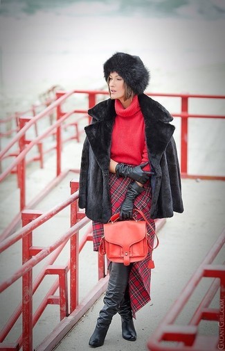 Women's Black Leather Over The Knee Boots, Red Plaid Pencil Skirt, Red Knit Turtleneck, Black Fur Jacket
