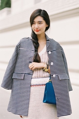Navy Horizontal Striped Coat Outfits For Women: 