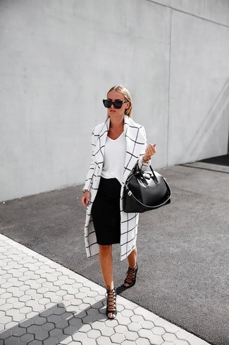 White and Black Check Coat Outfits For Women: 
