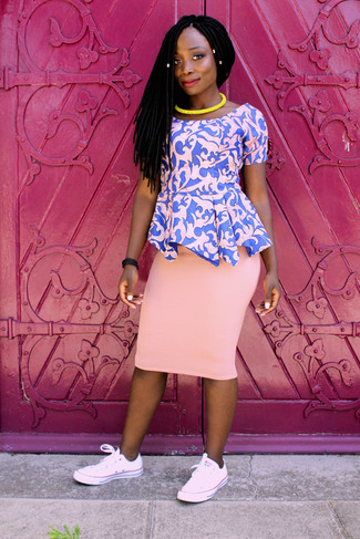 Women's Pink Print Peplum Top, Pink Pencil Skirt, Pink Low Top Sneakers, Yellow Necklace