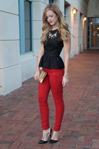 Red Skinny Jeans Outfits: Go for a black peplum top and red skinny jeans for a casual and trendy outfit. And if you need to effortlessly spruce up your getup with a pair of shoes, complement your outfit with black studded leather pumps.