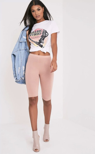 Women's Beige Cutout Leather Ankle Boots, Pink Bike Shorts, White and Pink Print Crew-neck T-shirt, Light Blue Ripped Denim Jacket